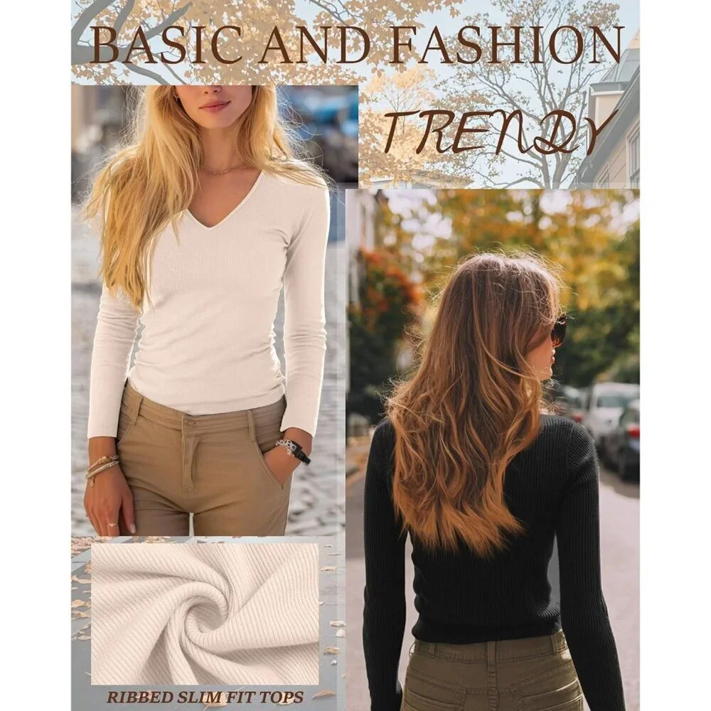 Women's Cotton V Neck Long Sleeve T Shirts 3 Pack Slim Fit Layering Basic